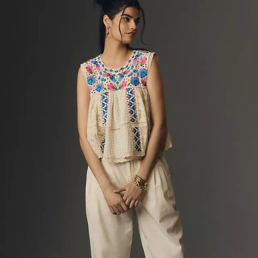 Anthropologie Let Me Be Embroidered Babydoll Swing Tank Top Blouse Natural M